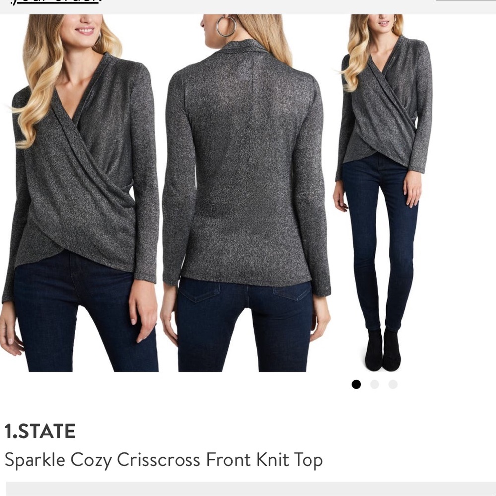 1 state crisscross faux wrap top sparkly- holiday perfection